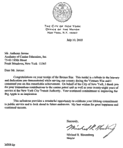 Anthony Jerone's appreciation letter from - Mayor Mike Bloomberg 
