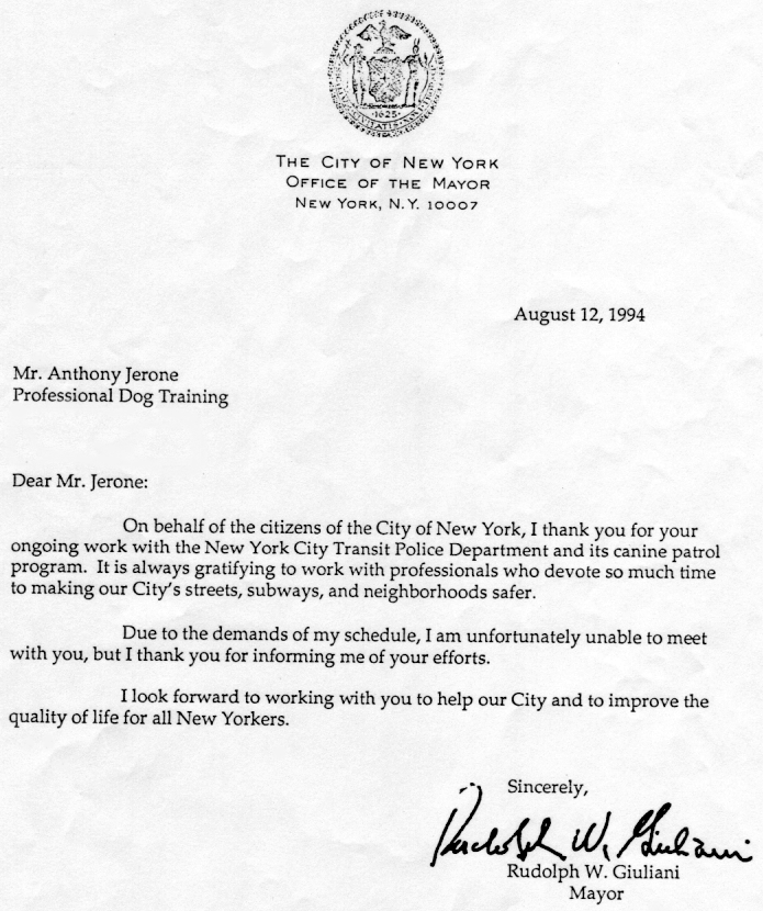 Anthony Jerone's letter from Mayor Giulani